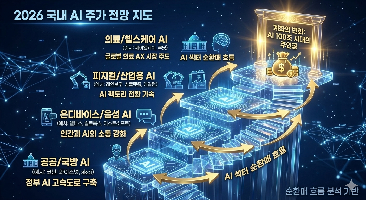 2026년 AI 투자 100조 시대에 따른 국내 AI 종목별 순환매 흐름과 주가 전망 시각화 지도