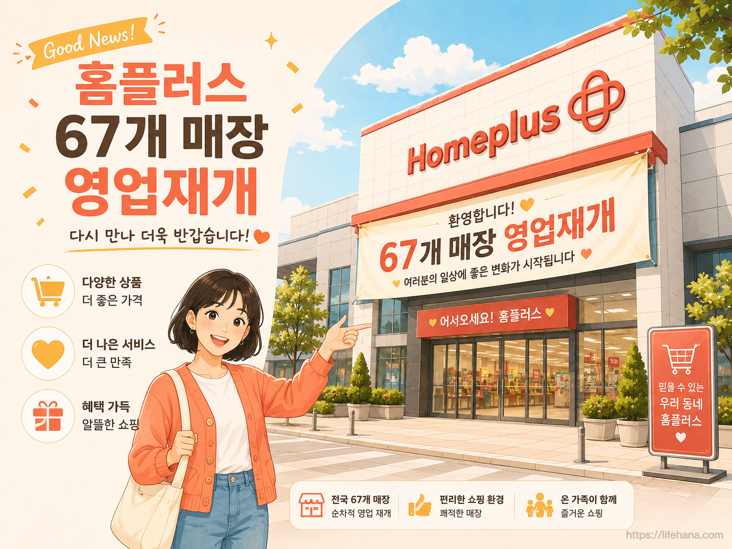 홈플러스 영업 재개 소식을 알리는 마트 외관 인포그래픽