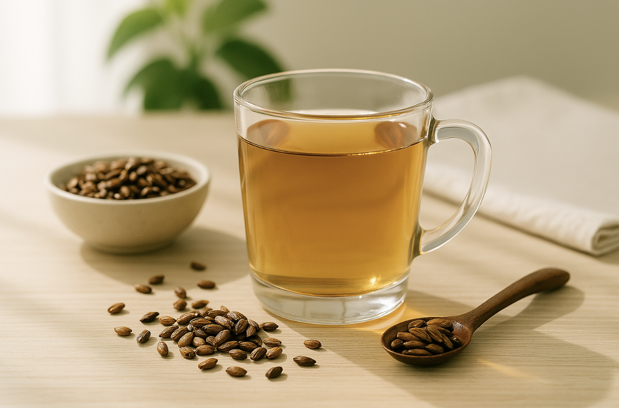 투명한 유리컵에 담긴 보리차와 곁에 놓인 볶은 보리 알갱이 사진