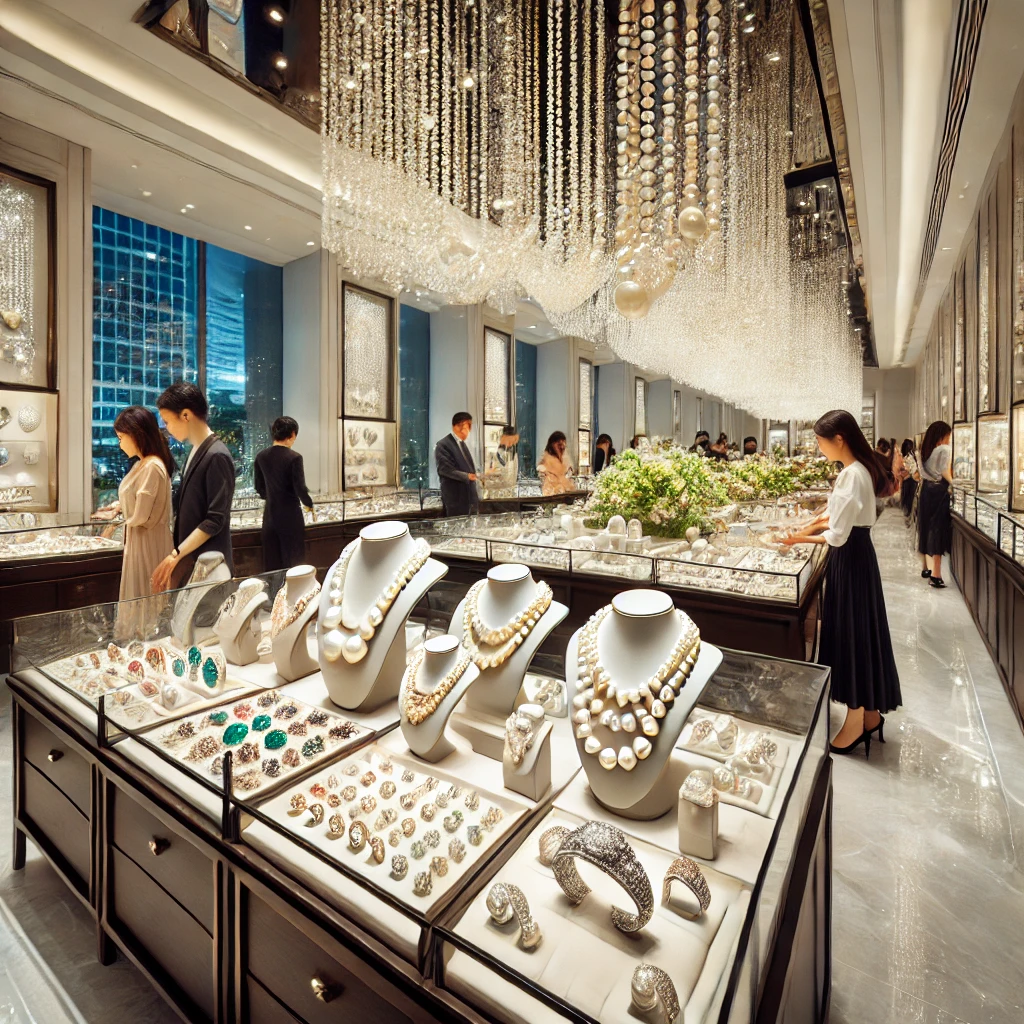 세부의 보석 상점에서 반짝이는 진주 목걸이와 다양한 보석류를 진열한 모습, 쇼핑하는 사람들의 모습