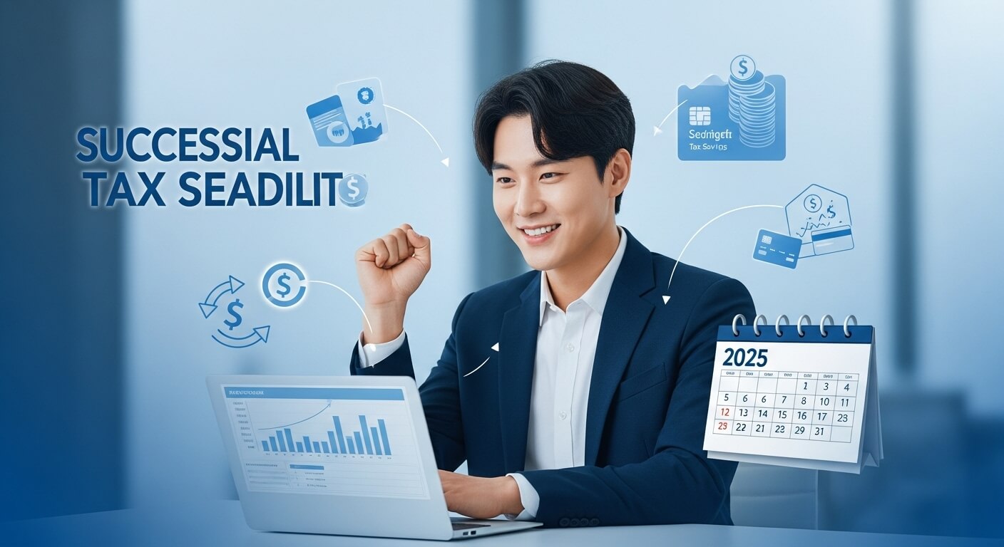 2025년 연말정산을 스마트하게 준비하는 젊은 직장인의 모습. 노트북과 신용카드, 계산기가 테이블에 놓여있고, 재정 목표를 달성하는 듯한 자신감 있는 표정을 짓고 있다.