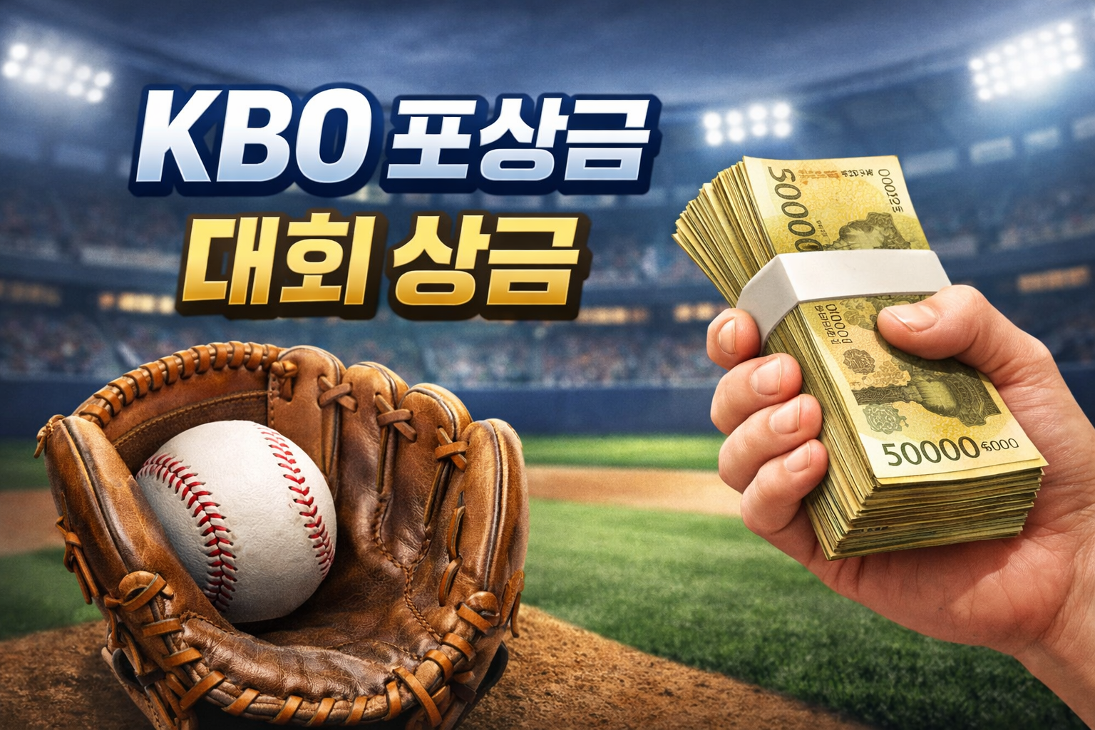 KBO 포상금과 대회 상금으로 보이는 지폐 다발과 야구공, 글러브가 그려진 그림으로 선수들의 금전적 보상을 상징.