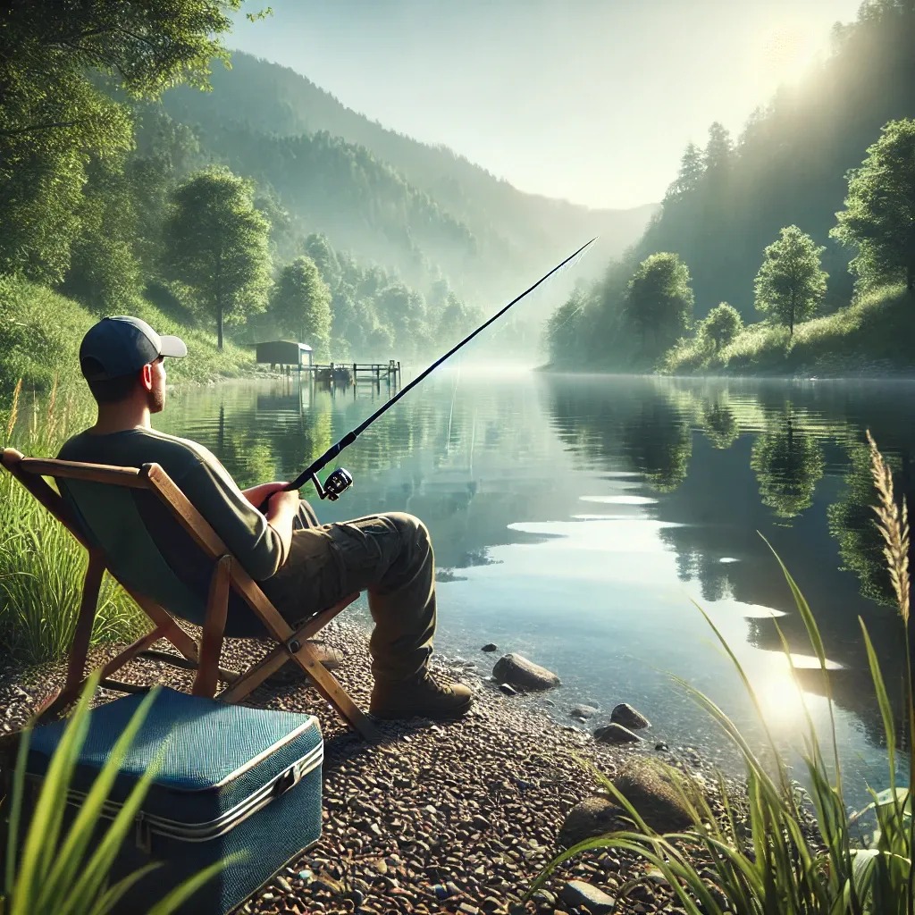 낚시터에서 여유롭게 낚시를 즐기는 모습