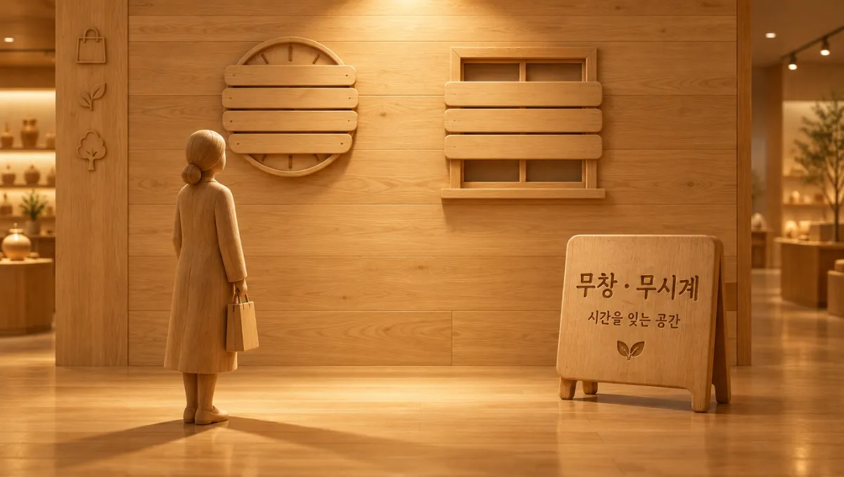 원목 벽면 앞에 쇼핑백을 든 여성 미니어처의 뒷모습. 벽에는 판자로 가려진 원형 시계와 판자로 막힌 창문 조형물이 나란히 걸려 있고, 바닥 우측 A자형 목재 입간판에 '무창&middot;무시계'와 '시간을 잊는 공간'이 음각되어 있으며 상단 조명이 길고 뚜렷한 그림자를 드리운다.