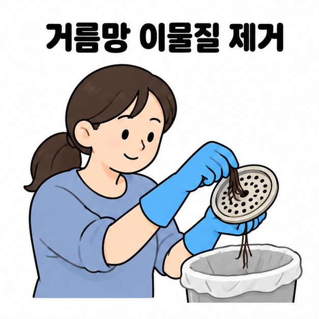 장갑을 낀 여성이 거름망에 붙은 머리카락을 걷어내 쓰레기통에 버리는 모습