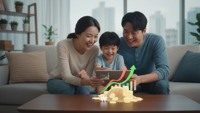 숨은 유료결제 해지로 통신비를 절약하여 행복해하는 한국인 가족이 집에서 태블릿으로 절약액을 확인하는 모습