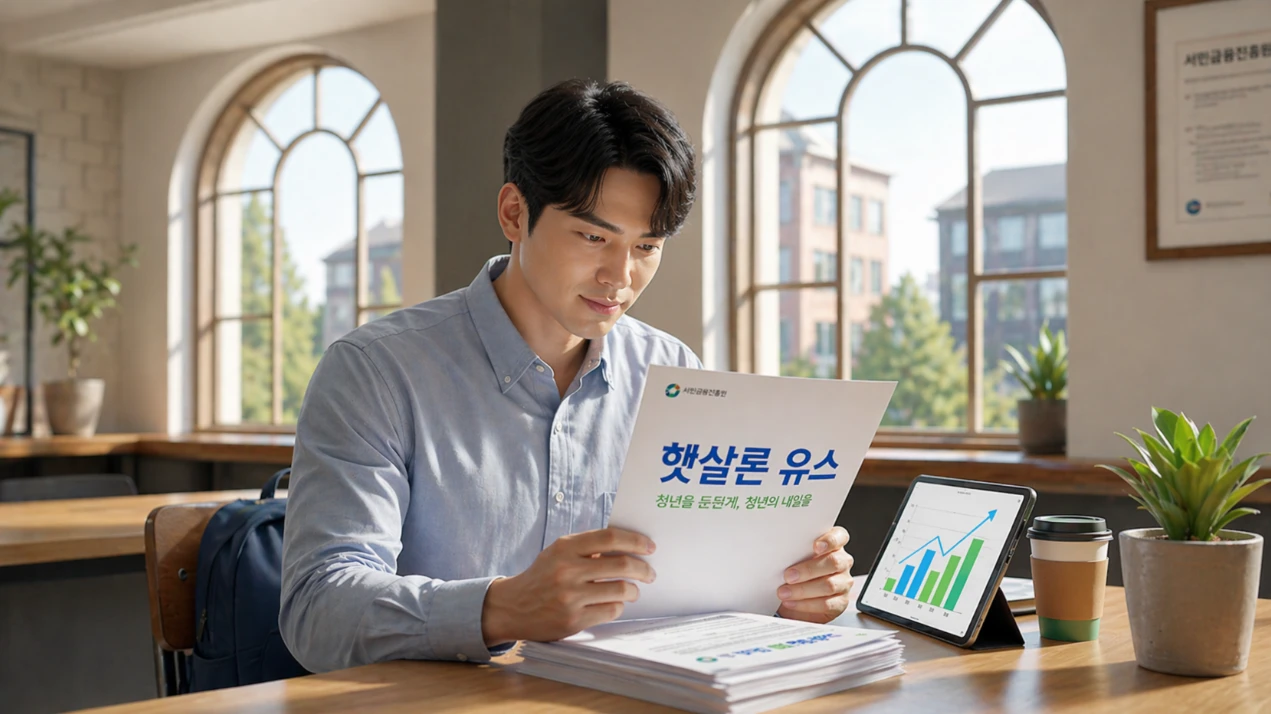 청년이 '햇살론 유스' 서류를 검토하는 모습. 낮은 금리와 높은 한도의 정부 지원 대출을 통해 취업 준비를 하는 젊은 세대를 상징.