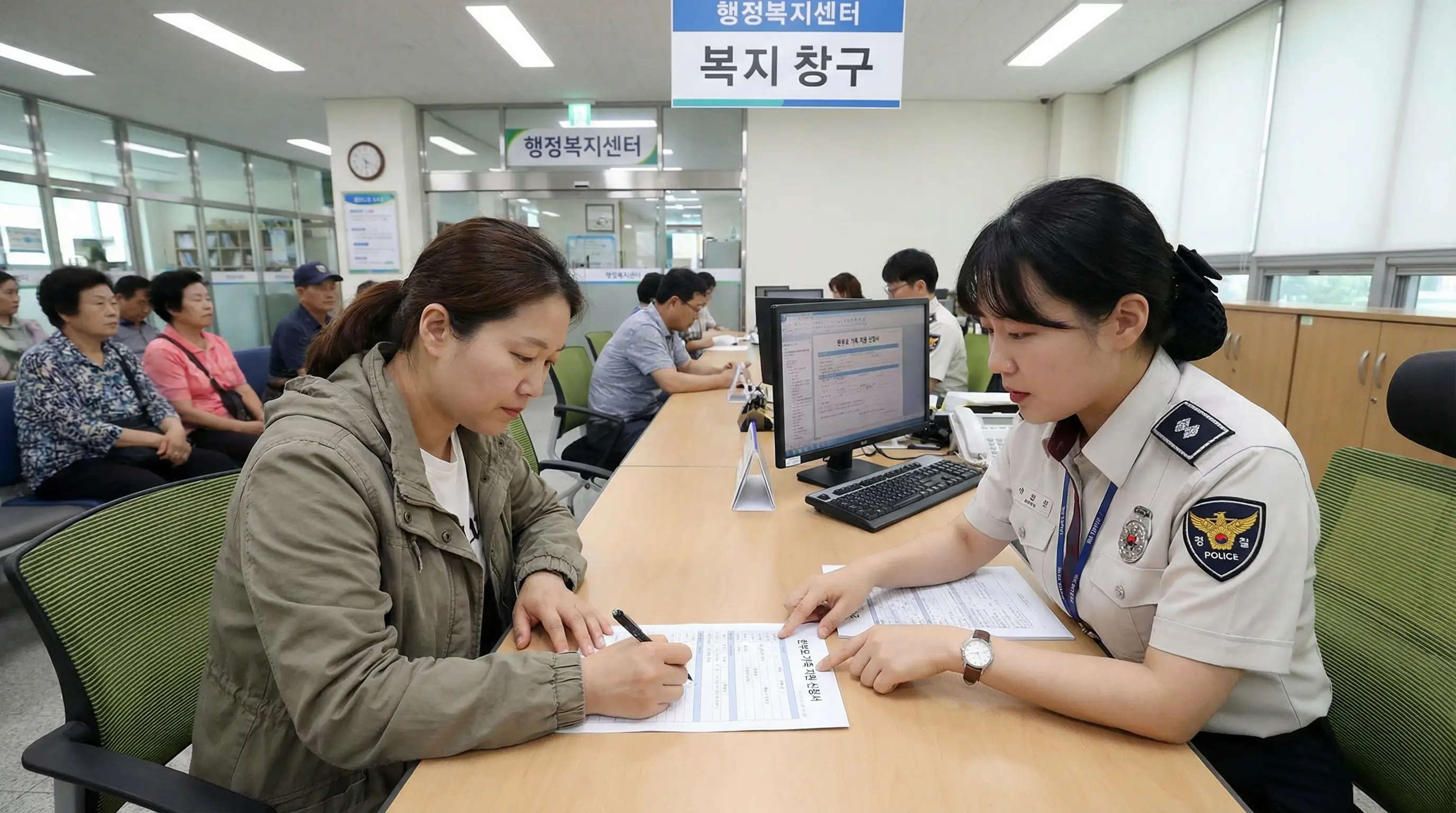 행정복지센터 복지 창구에서 공무원과 상담하며 한부모 지원 신청서를 작성하는 모습