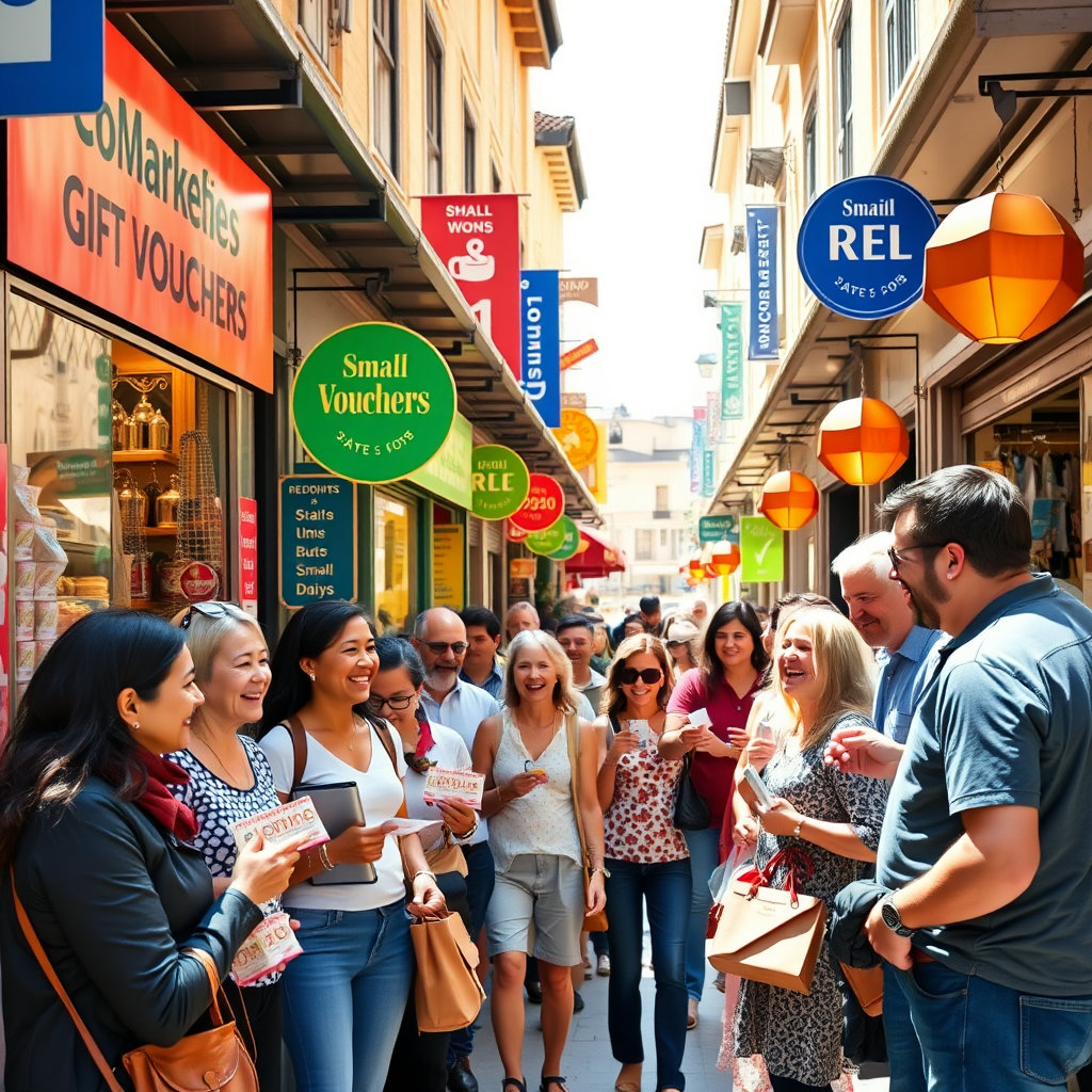 활기찬 시장 골목이나 소상공인 가게 앞에서 사람들이 상품권을 사용하는 모습, 가게 주인들이 환하게 웃는 모습을 담아주세요. 밝고 생동감 있는 분위기가 좋습니다.