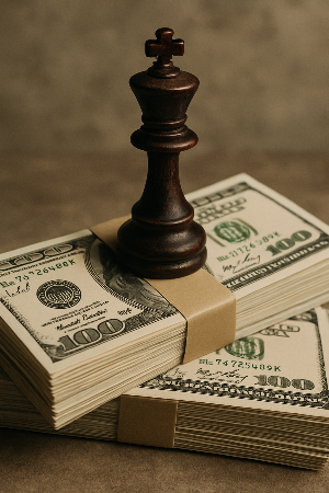 달러 묶음 위에 체스말 킹이 올라가 있는 사진