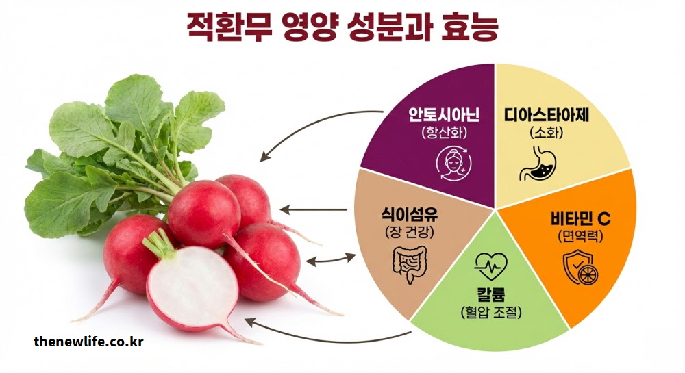 적환무 효능을 결정짓는 5대 영양 성분인 안토시아닌, 디아스타아제, 비타민C, 칼륨, 식이섬유의 역할과 효과를 정리한 인포그래픽