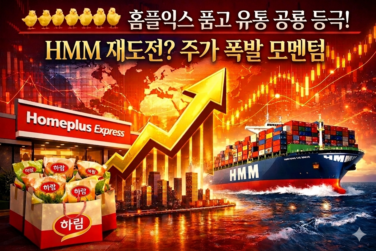 하림그룹의 김홍국 회장이 병아리 10마리로 시작해 연 매출 13조 원의 대기업을 일궈낸 '뚝심'의 역사를 시각화한 이미지. 왼쪽에는 어린 시절 병아리를 돌보는 모습과 함께 '병아리 10마리 신화' 텍스트가, 오른쪽에는 NS홈쇼핑을 통해 홈플러스 익스프레스를 인수하려는 오프라인 유통망 수직계열화 전략이 묘사되어 있다. 중앙에는 우상향하는 하림 주가 그래프와 함께 'HMM 재도전?', '재계 30위 승부사' 텍스트가 강조되어 미래 성장 동력을 상징한다