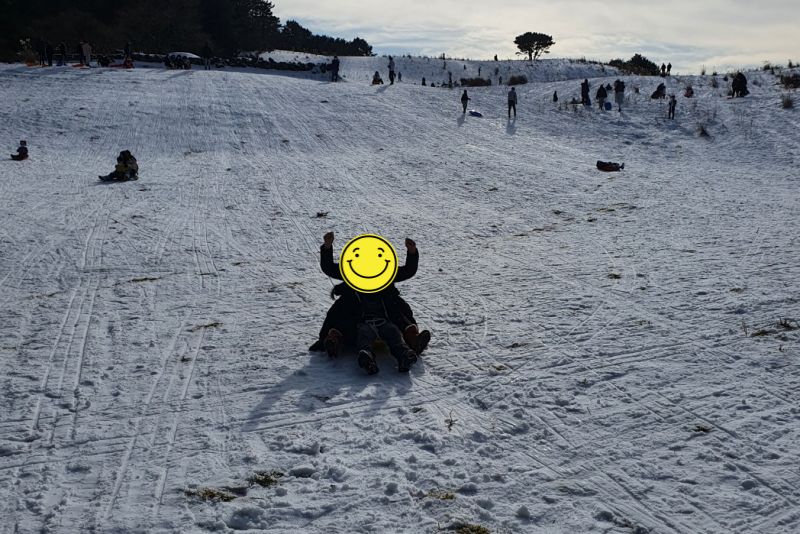 제주 어승생 썰매장에서 아이와 함께 눈썰매를 즐기는 모습