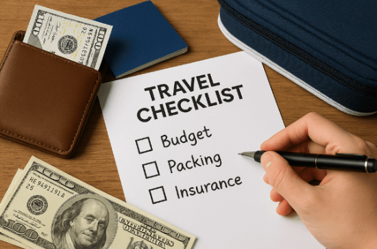 여행 준비 체크 리스트(예산, 짐, 보험)를 적고 있는 손에 펜이 들려있다