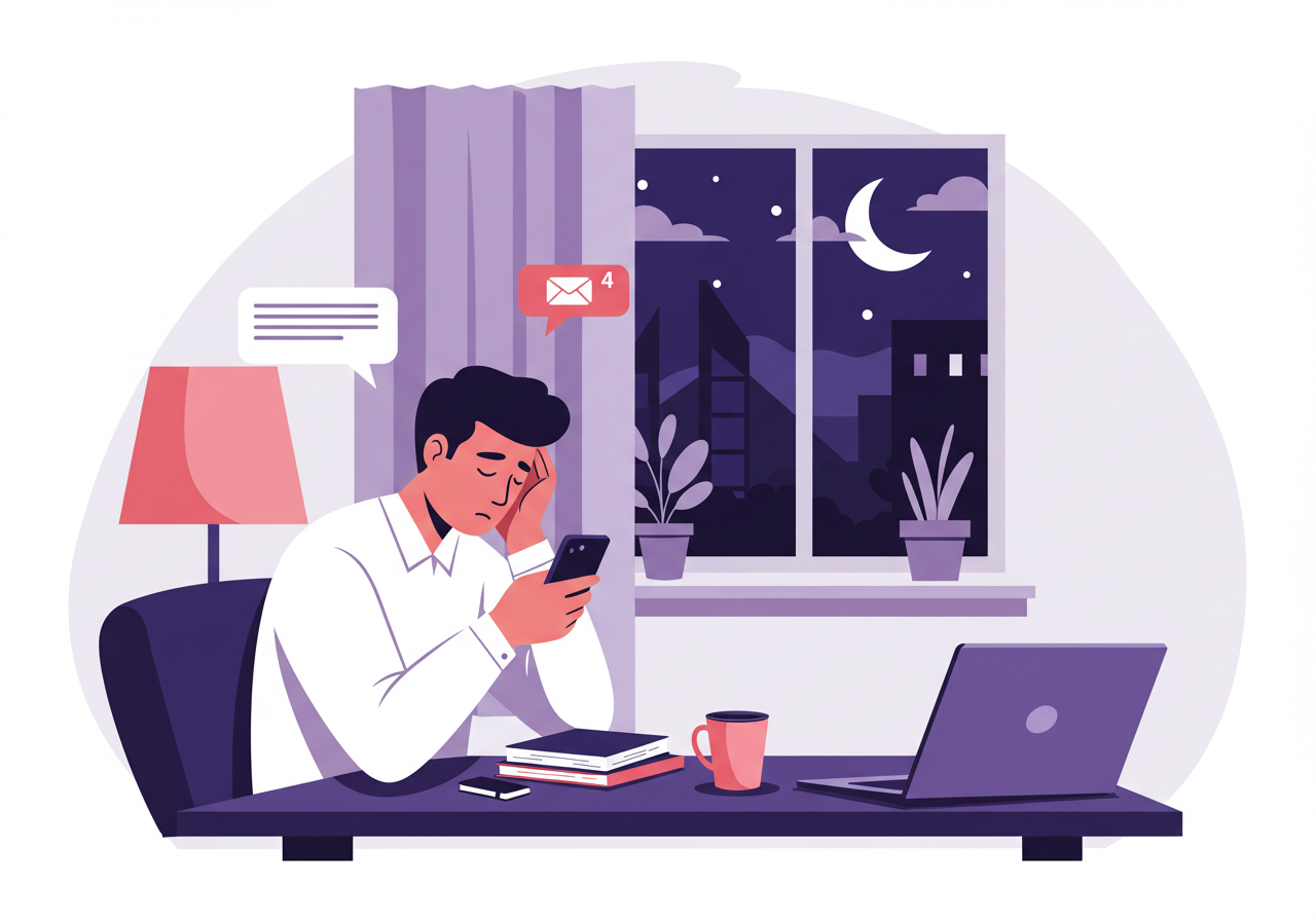 퇴근 후 카톡 업무 지시를 받는 직장인의 모습, 야간 스마트폰 알림, 근로시간 외 업무 부담