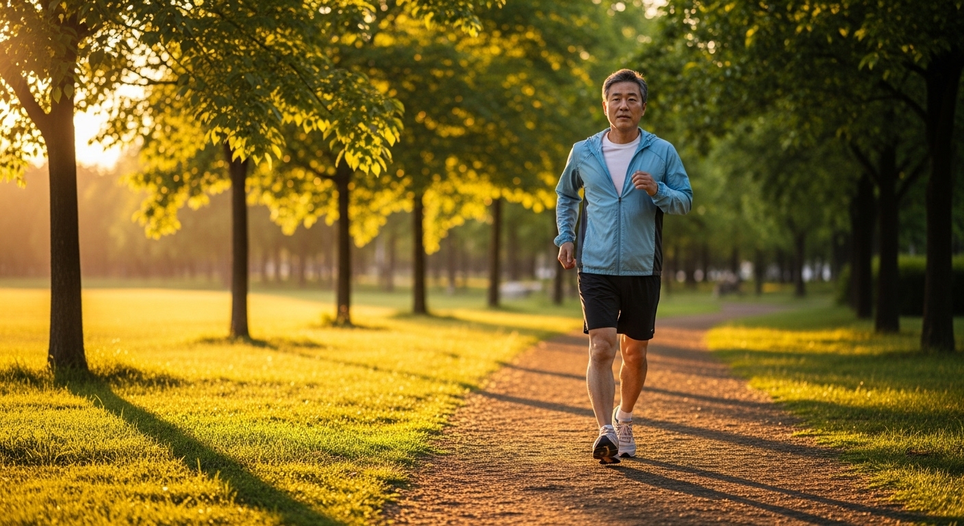 석양 공원에서 속보로 걷는 50대 한국인 남성