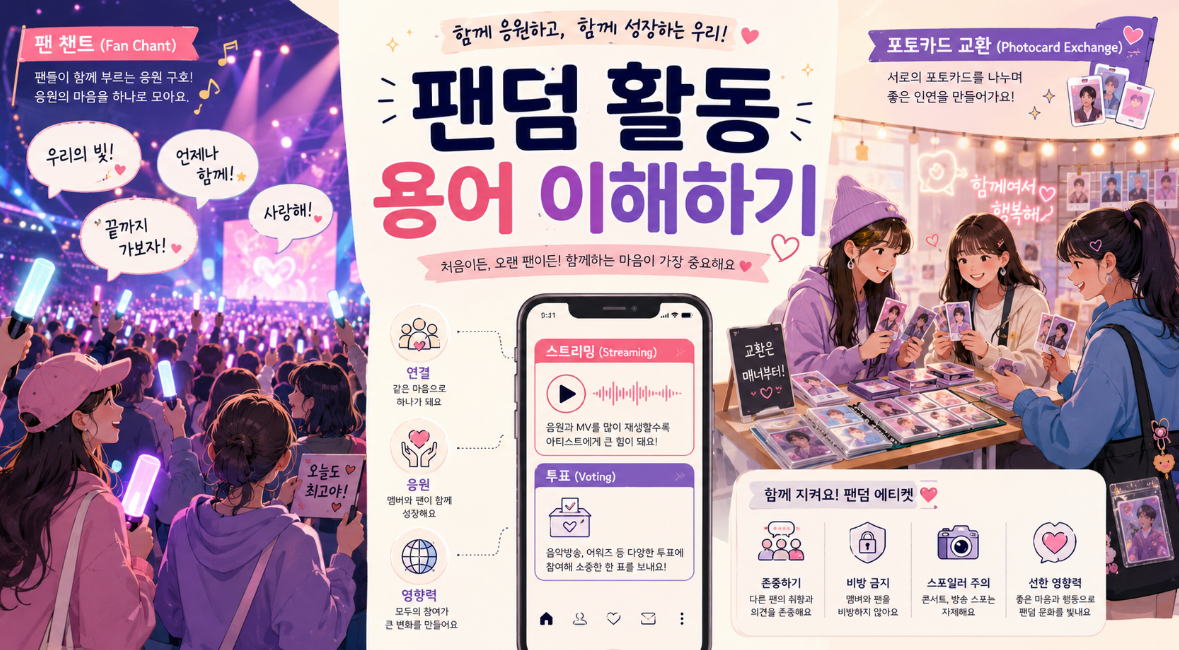 K-팝 콘서트 팬챈트 응원봉 스밍 투표 포카 교환 등 팬덤 활동을 보여주는 이미지