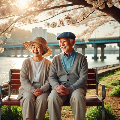 elderly couple walking under bright spring sunlight in a quiet park