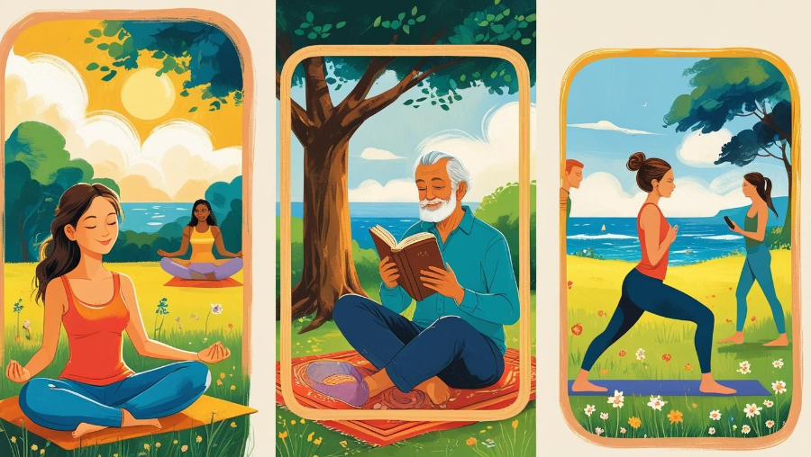 디지털 디톡스 실천법 일러스트 (산책, 종이책, 명상 등)