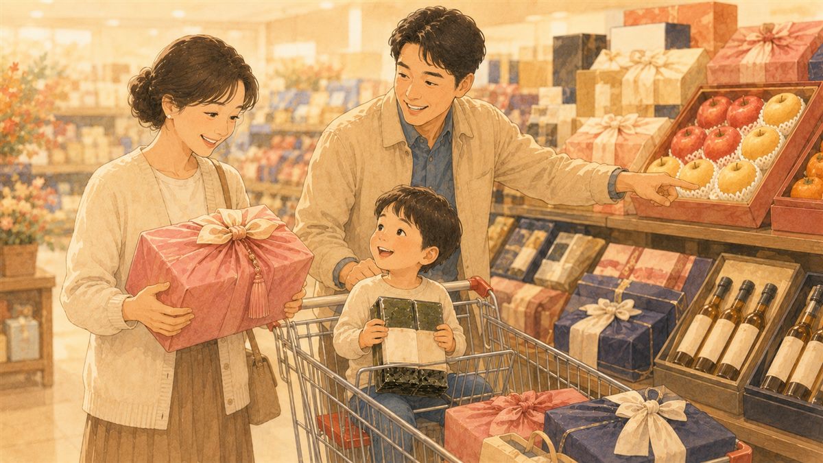 마트에서 가족이 추석 선물세트를 고르는 일러스트