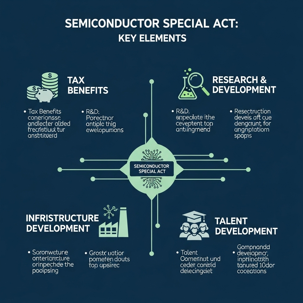 세금 혜택, 연구 개발, 인프라 구축, 인재 양성 등 반도체특별법의 주요 내용을 시각적으로 표현한 인포그래픽입니다.