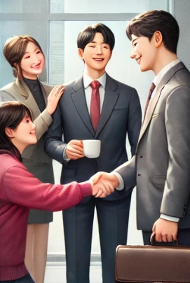 사람들끼리 악수하며 웃고 있는 모습