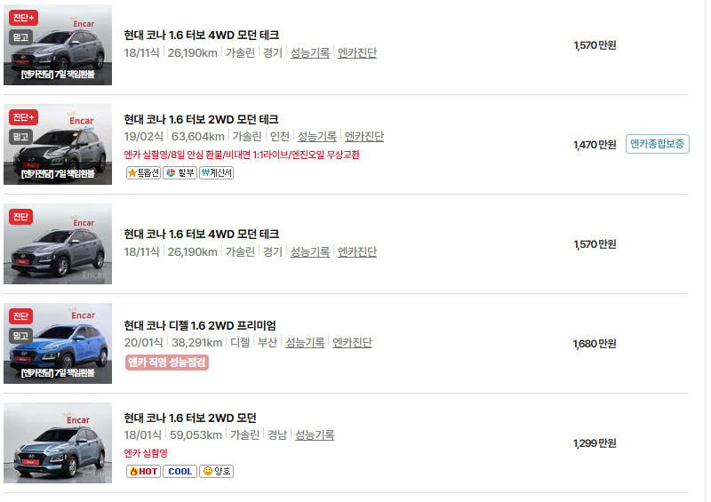 현대 코나 중고차 가격 시세표 유지비