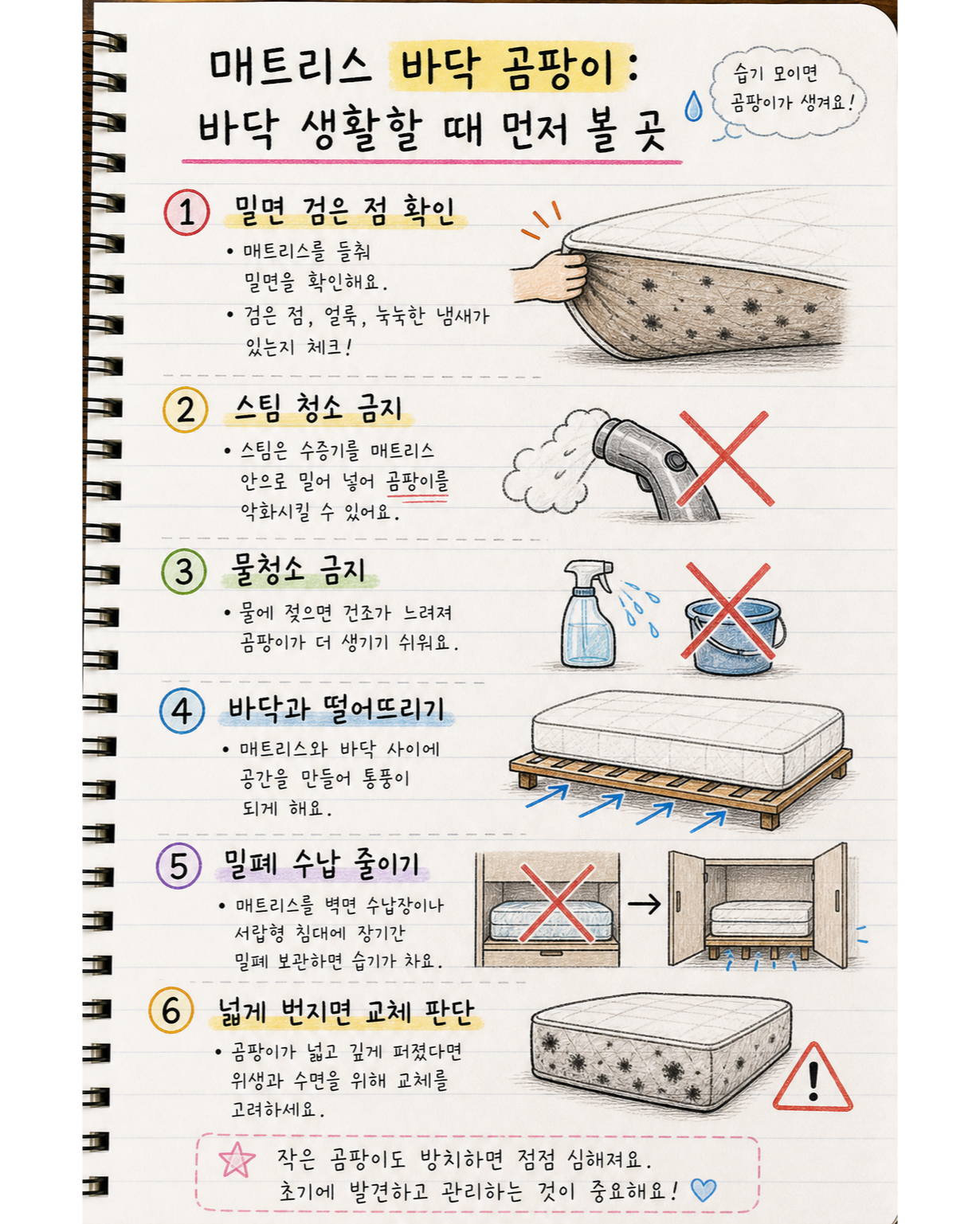 매트리스 바닥 곰팡이 확인과 피해야 할 처리를 정리한 손글씨 노트