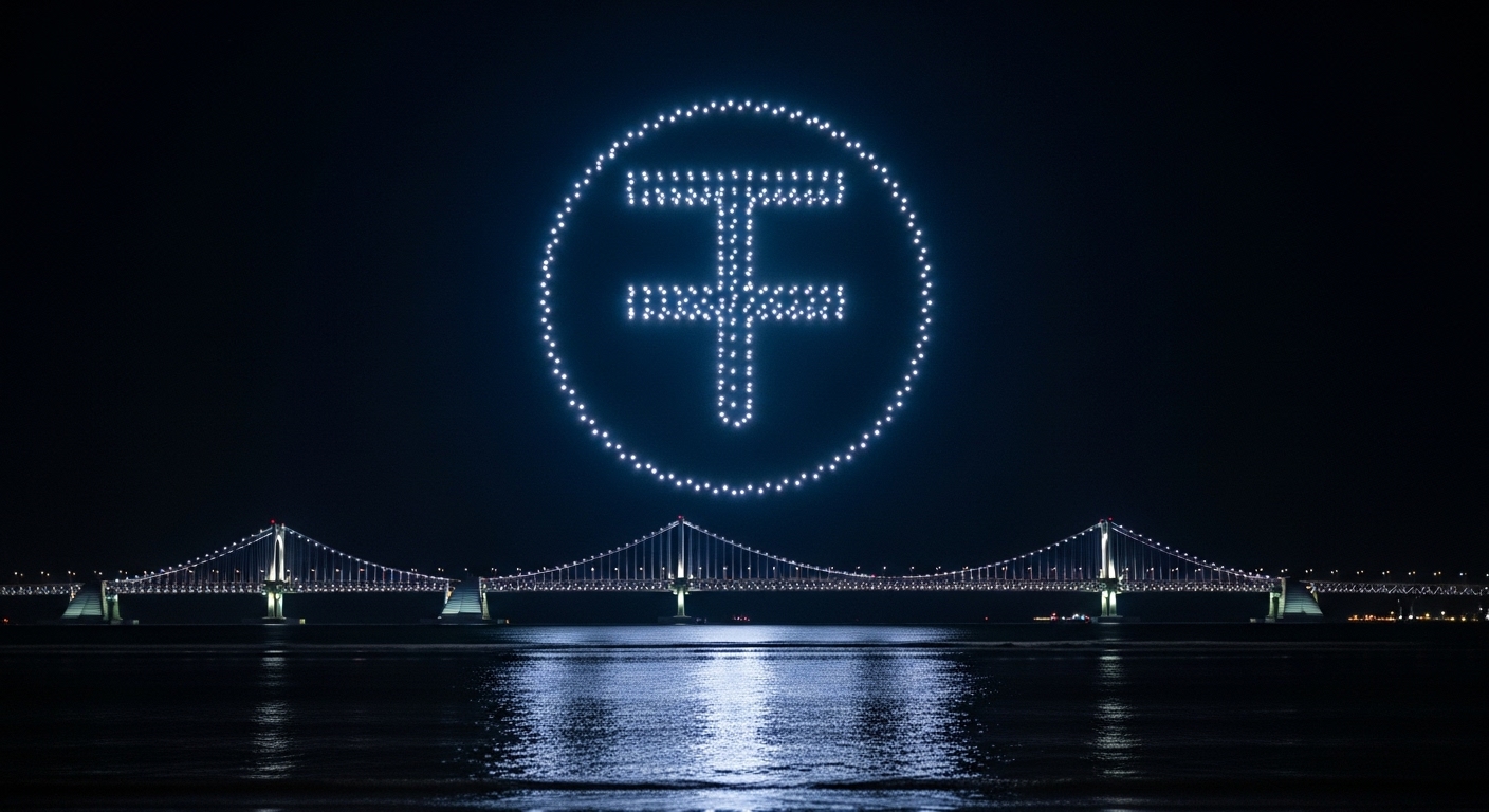 광안리 해변 상공에서 펼쳐지는 수많은 드론들이 정교한 패턴을 이루는 모습, 환상적인 드론쇼의 클로즈업.