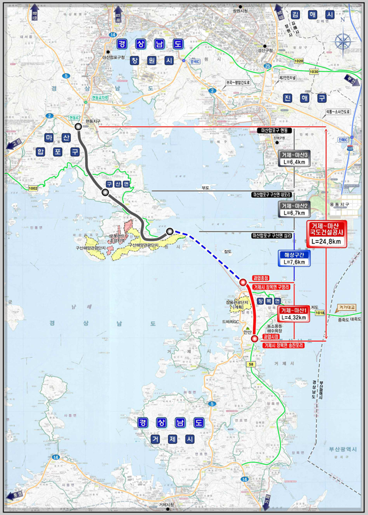 거제~마산1 국도건설공사 계획노선 위치도