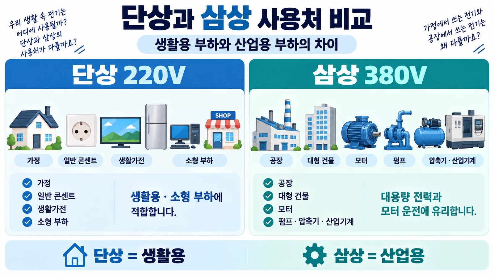 단상 220V의 가정용 부하와 삼상 380V의 공장 산업용 부하 사용처 비교