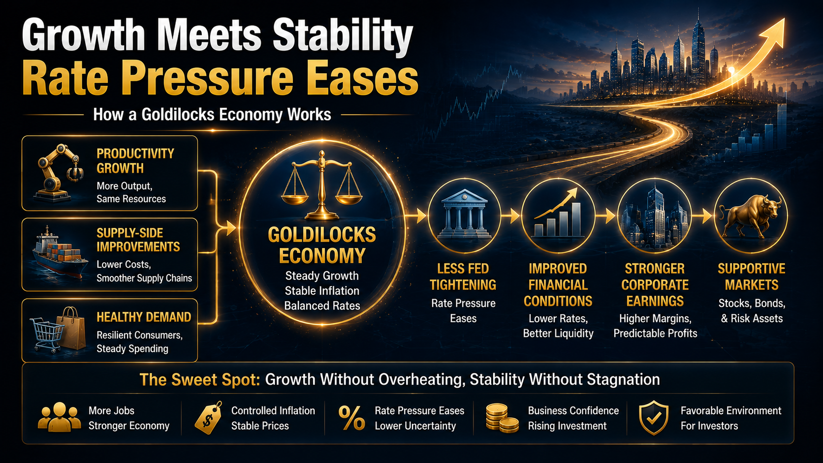 How a Goldilocks economy works through productivity growth, stable inflation, easing interest rate pressure, and stronger corporate earnings