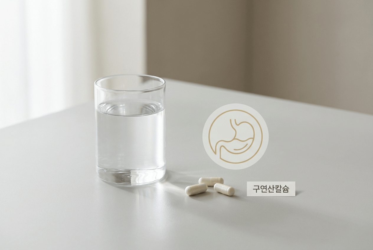 구연산칼슘이 공복에도 부담이 적을 수 있음을 나타내는 물컵과 캡슐, 위 아이콘