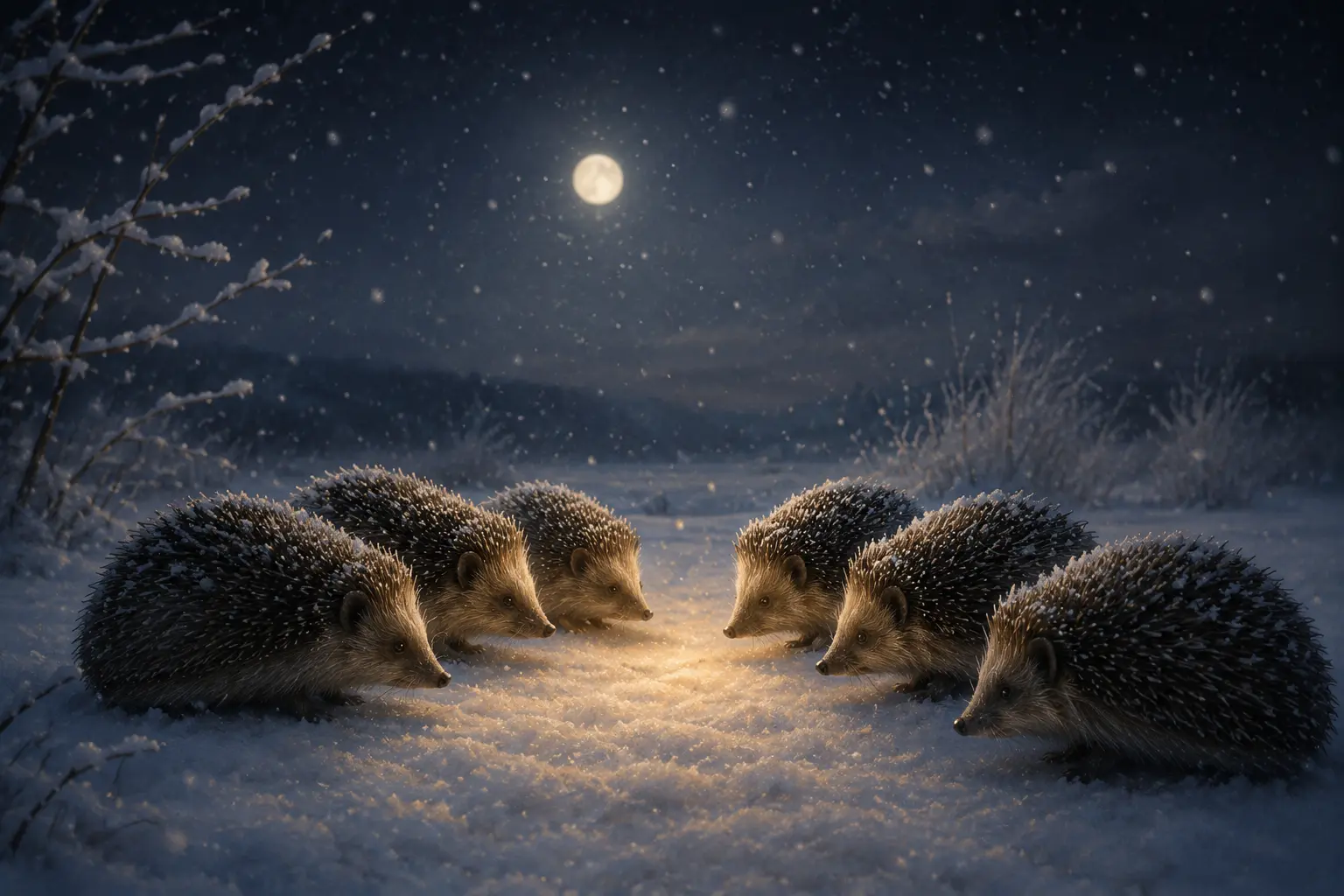 Several hedgehogs carefully moving closer together on a cold winter night while avoiding hurting each other with their quills.