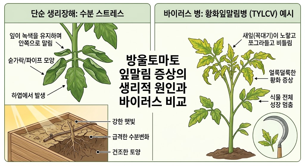 안쪽으로 둥글게 말려 가죽처럼 빳빳해진 초록색 토마토 잎(생리장해)과 노랗게 변하며 비틀린 어린잎(바이러스)을 명확하게 비교하고, 수분 스트레스 원리를 보여주는 삽화