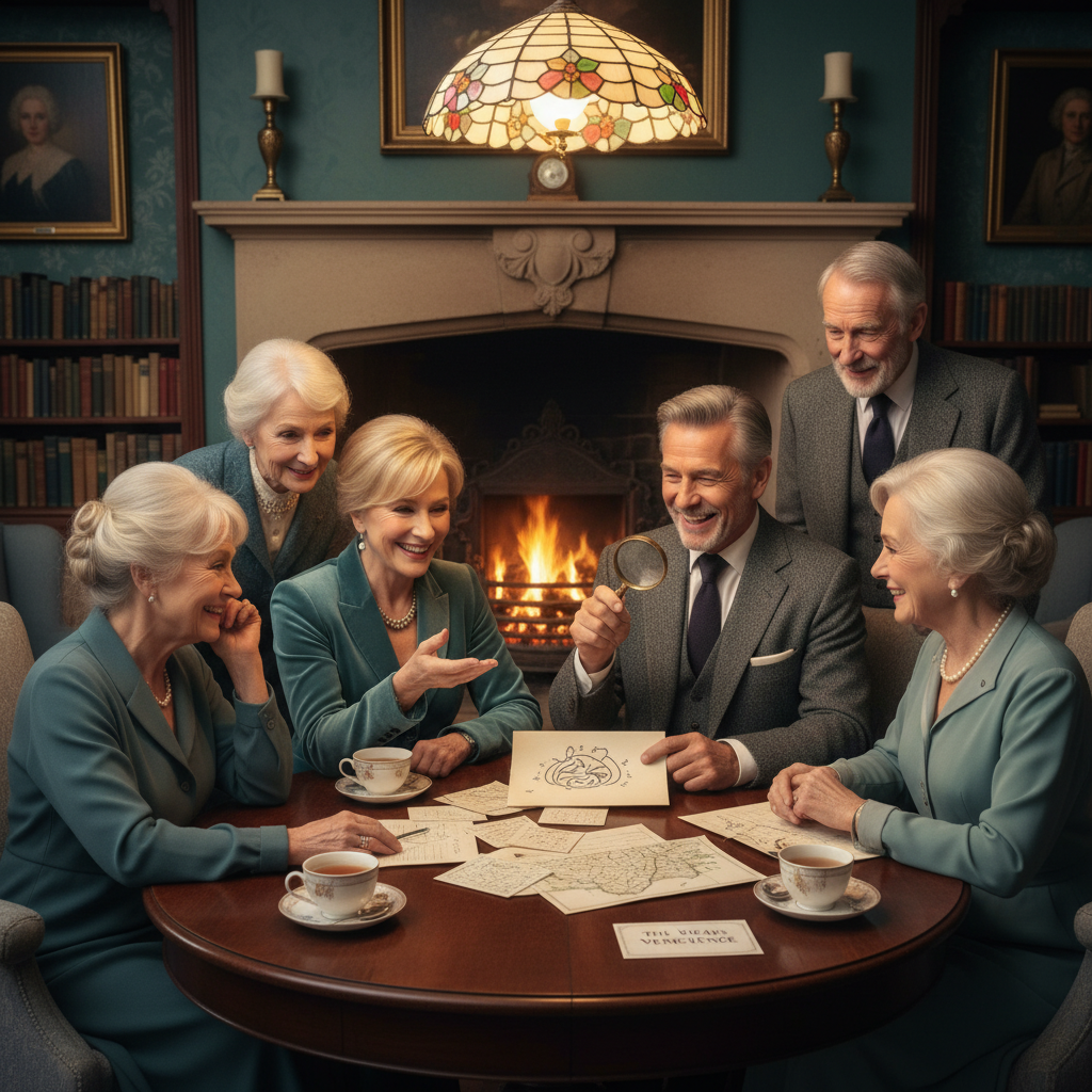 아늑한 영국 시골 저택에서 유쾌하게 대화하며 미스터리를 푸는 노인들. '목요일 살인 클럽'의 따뜻한 분위기.