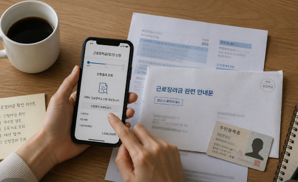 근로장려금 신청 조회 화면과 안내문을 함께 확인하는 장면