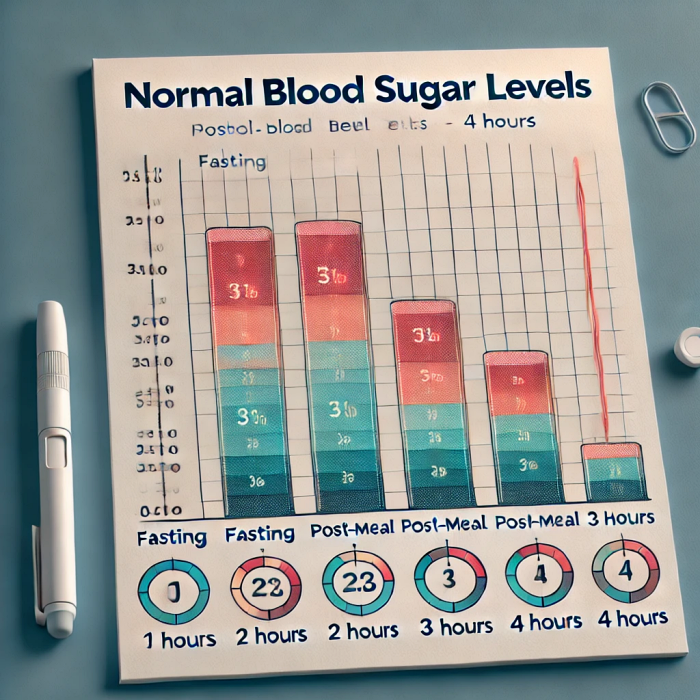 공복과 식후 1시간&amp;#44; 2시간&amp;#44; 3시간&amp;#44; 4시간 동안의 정상 혈당 수치를 보여주는 막대 차트.