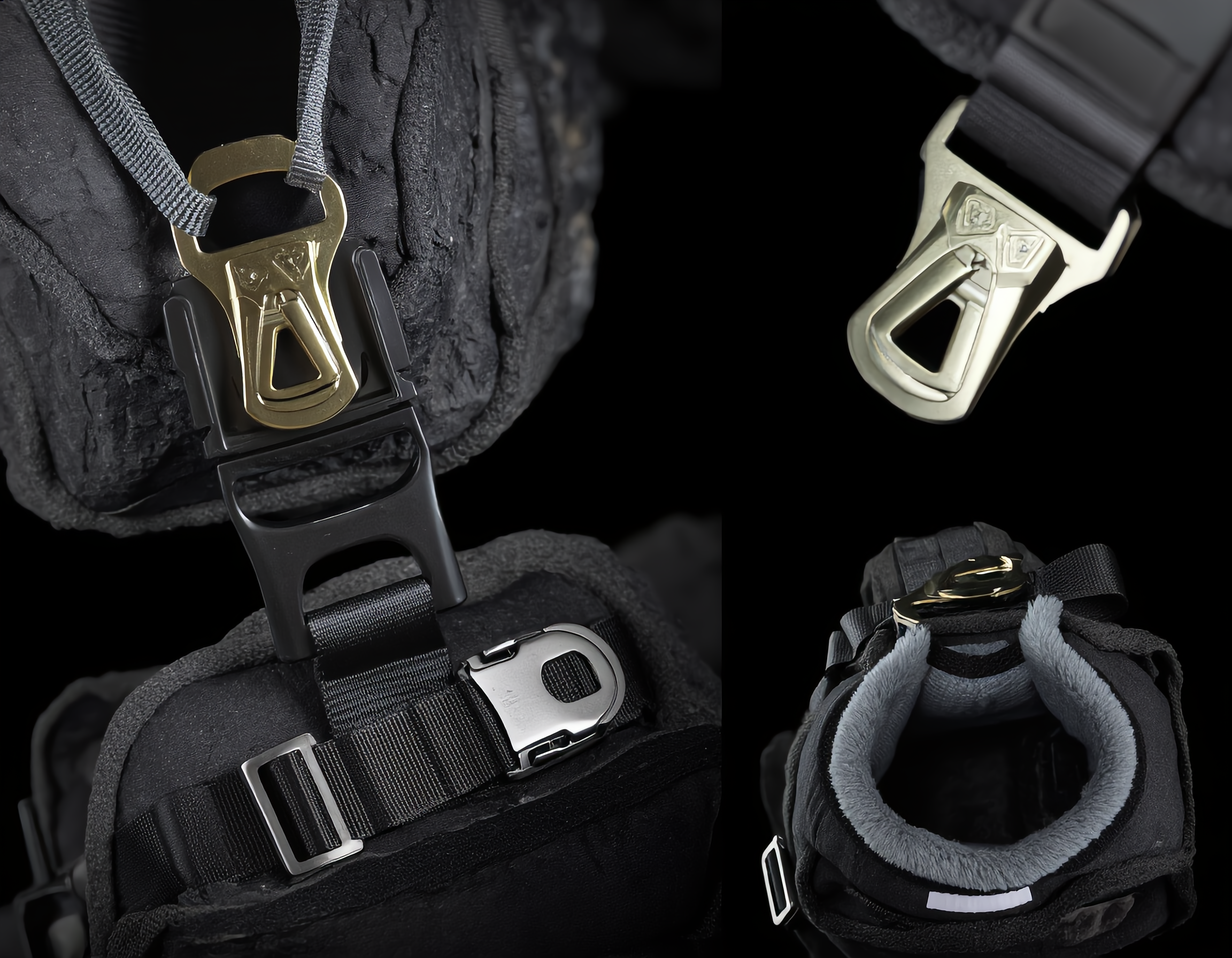 하네스의 부드러운 안감/튼튼한 버클/반사 스트랩 클로즈업 사진