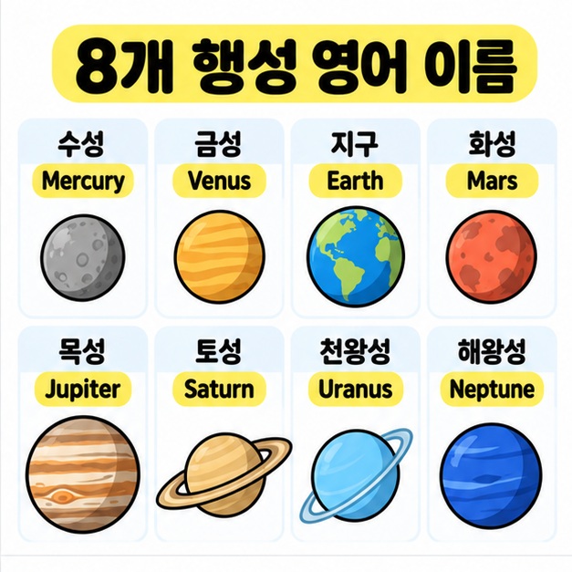 수성부터 해왕성까지 한글 이름과 Mercury부터 Neptune까지 영어 이름을 짝지어 보여주는 카드