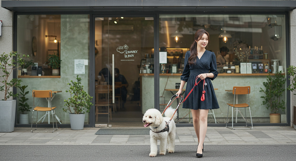 시각장애인 보조견이 안내하고 있는 이미지