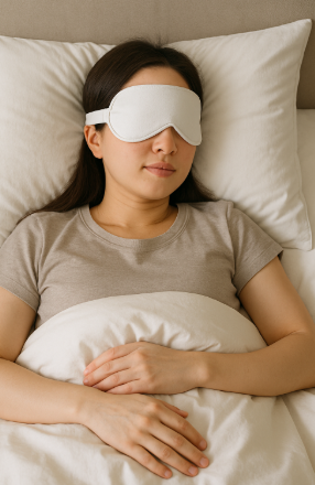 하얀식 수면 안대를 착용하고 침대에서 숙면을 취하고 있는 30대 동양인 여성