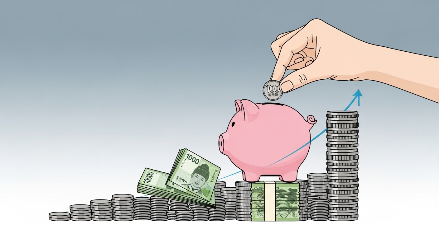저금통에 동전을 넣으며 미래를 위한 자산 성장을 상징하는 청년의 손.