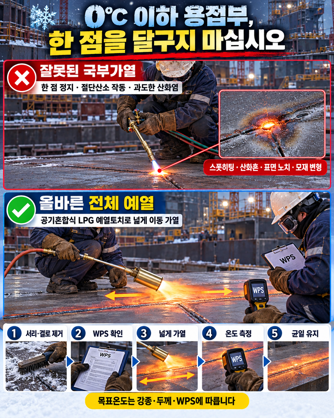 0℃ 이하 조선소 용접부의 잘못된 국부가열과 공기혼합식 LPG 예열토치를 이용한 전체 예열방법