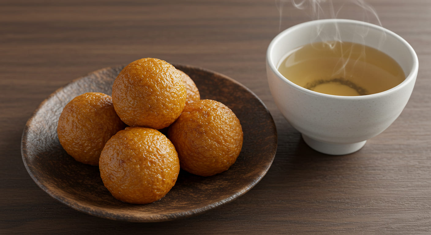 고베에서 맛볼 수 있는 전통 아카시야키, 나무 접시에 담긴 황금빛 문어볼과 국물