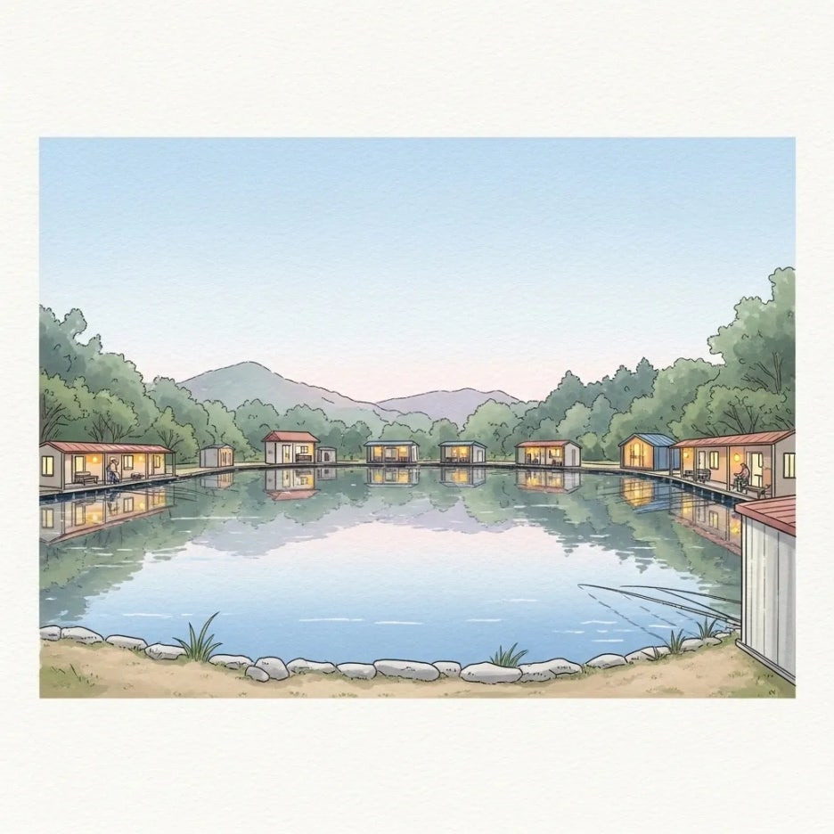 넓은 낚시터와 편의시설이 어우러진 전경