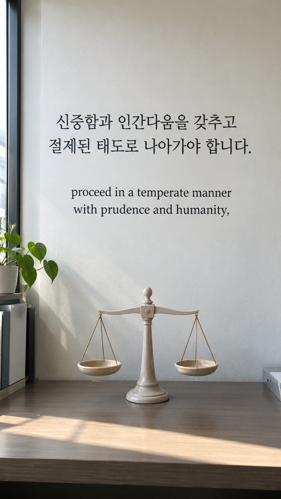 신중함과 인간다움을 갖추고 절제된 태도로 나아가야 합니다. — 조용한 사무실의 균형저울