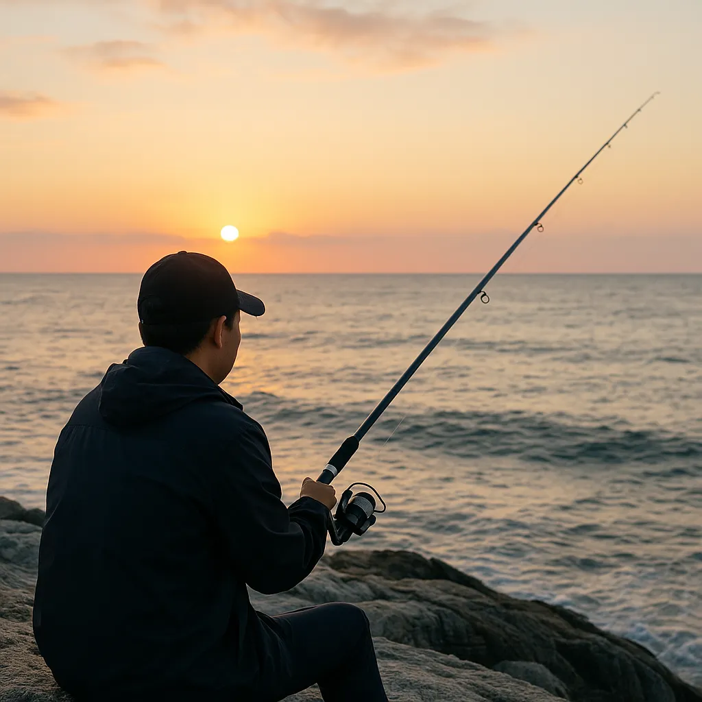 해 뜨는 바닷가에서 낚시하는 남성 뒷모습
