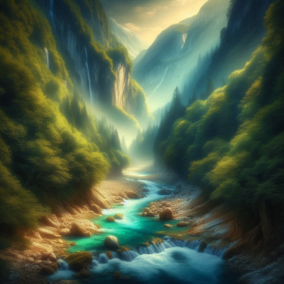 바위와 흐르는 물, 산이 어우러져 평화로운 자연의 풍경을 형성한 장면.