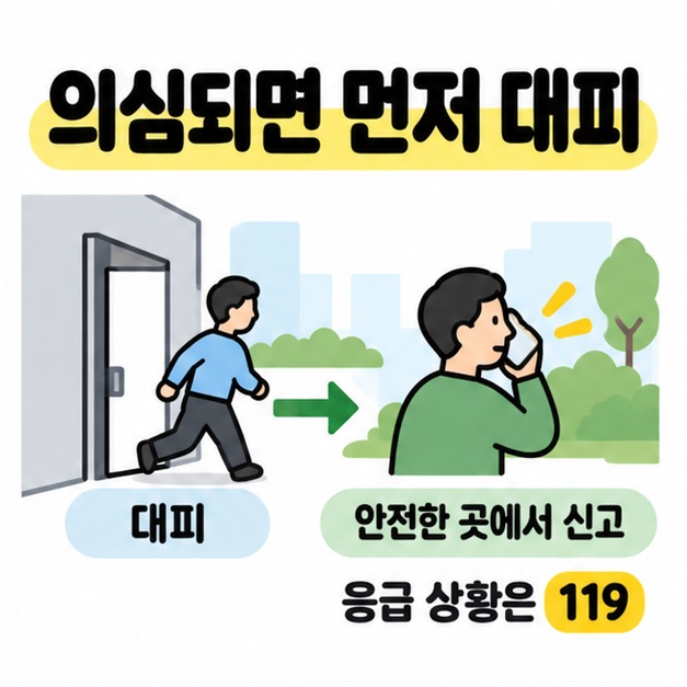 누출이 의심되면 건물 밖으로 대피한 뒤 안전한 곳에서 신고하고 응급 상황에는 119에 연락하도록 안내하는 흐름 그림